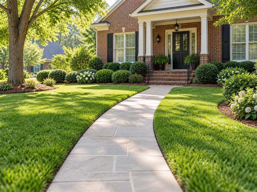 Stone walkway through a manicured lawn leading to a brick home