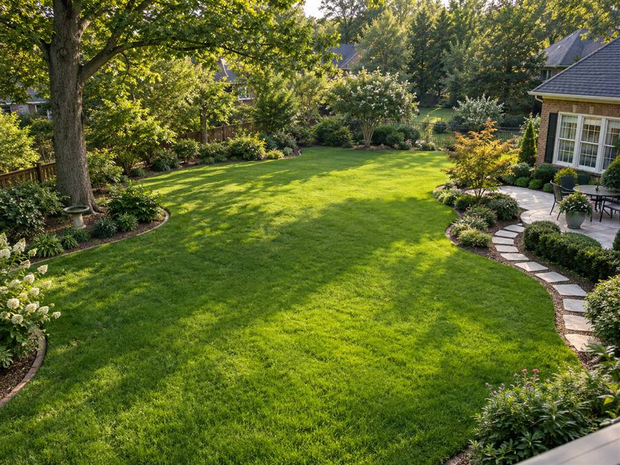 Landscaped backyard lawn with patio and garden beds