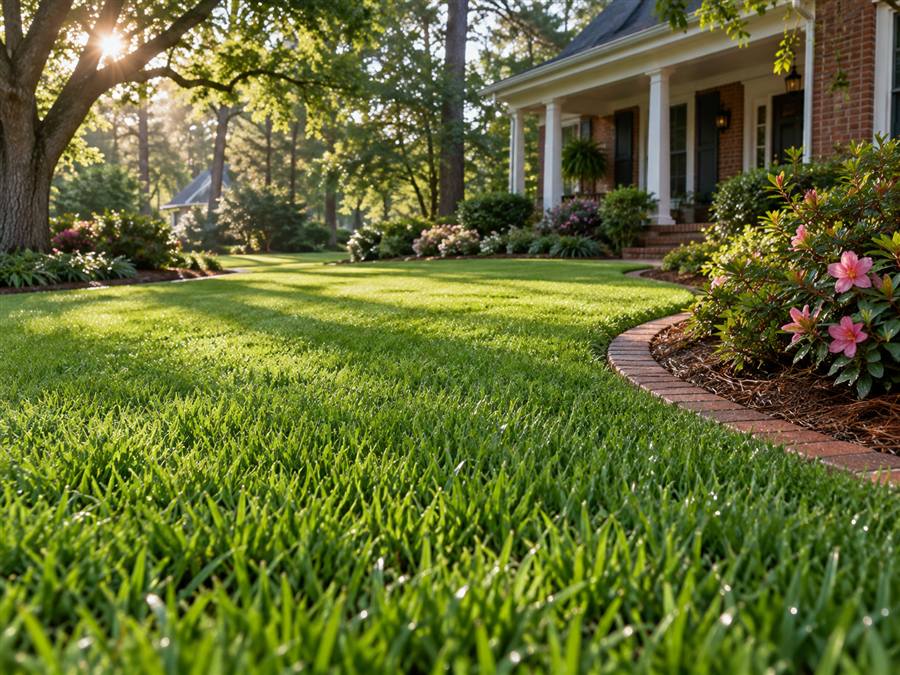Dew-covered lawn in the early morning sun in front of a McDonough-area home