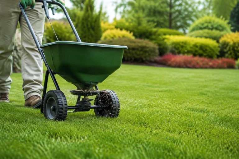 Fertilizer spreader on green grass