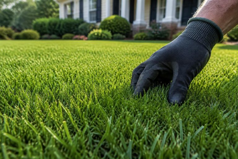 Gloved hand inspecting healthy dense grass