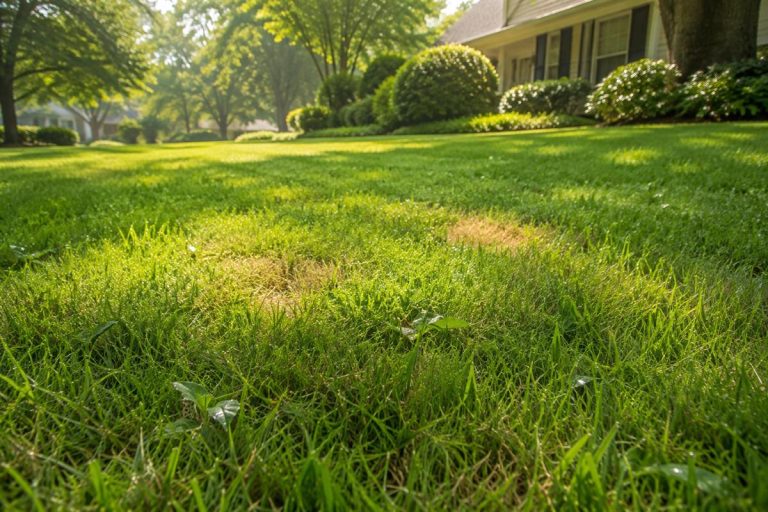 Lush green lawn in warm sunlight with a residential home in the background