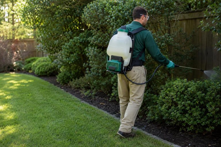 Lawn-care worker using a backpack sprayer