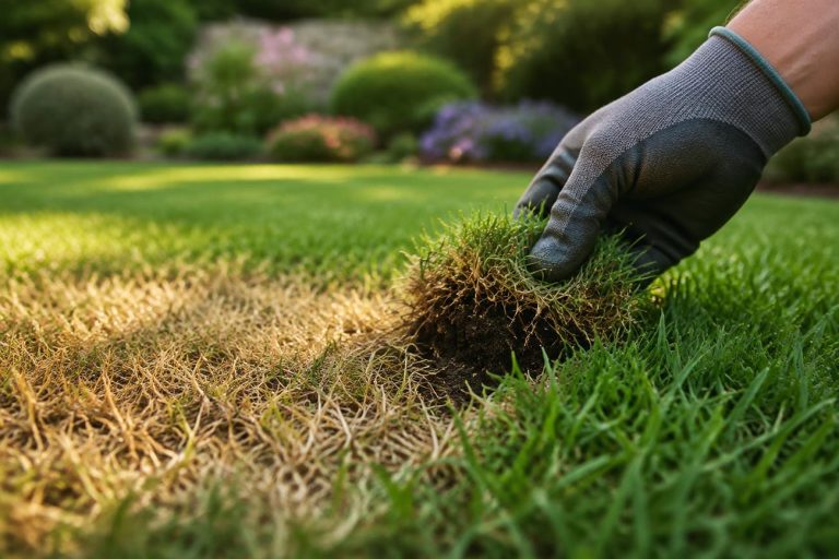 Hand inspecting damaged turf roots